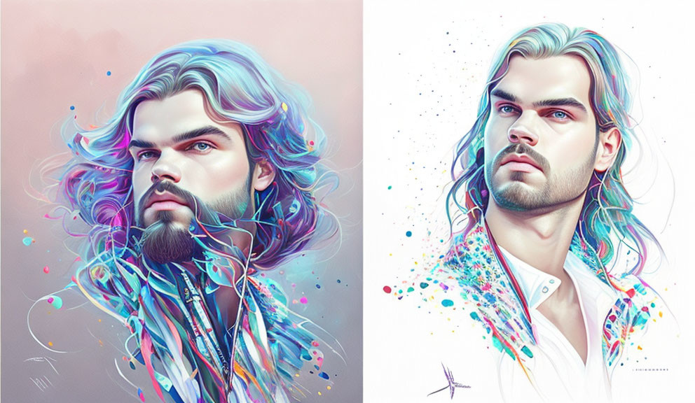 Split image of man with flowing hair & beard: vibrant colors on left, realistic on right.