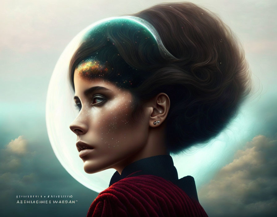 Digital portrait of woman with cosmic elements against celestial background