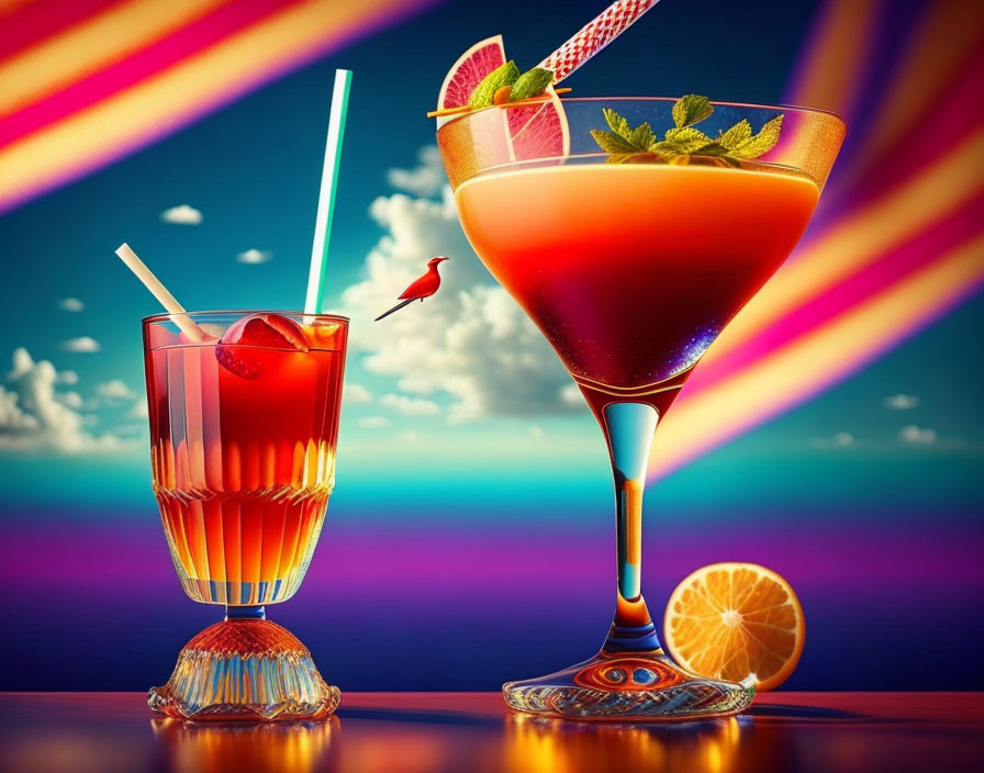 Vibrant Sunset Background with Colorful Cocktails