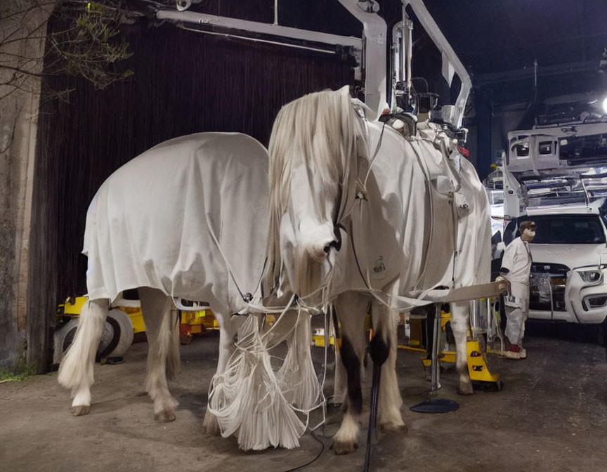 Life-sized white horse puppet with intricate mane detail on rig against dark background.