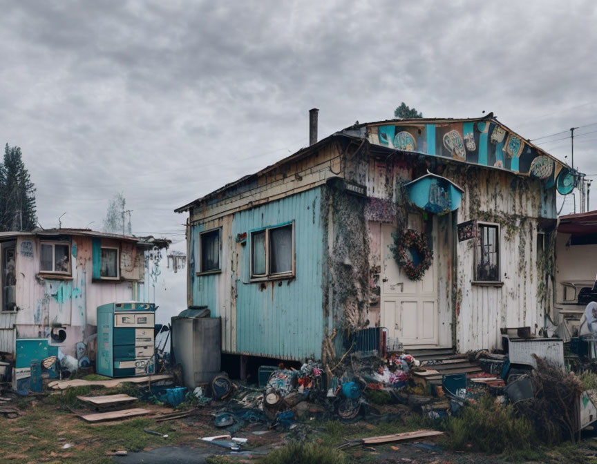 Weathered Blue House with Old Wreaths and Debris Under Overcast Skies