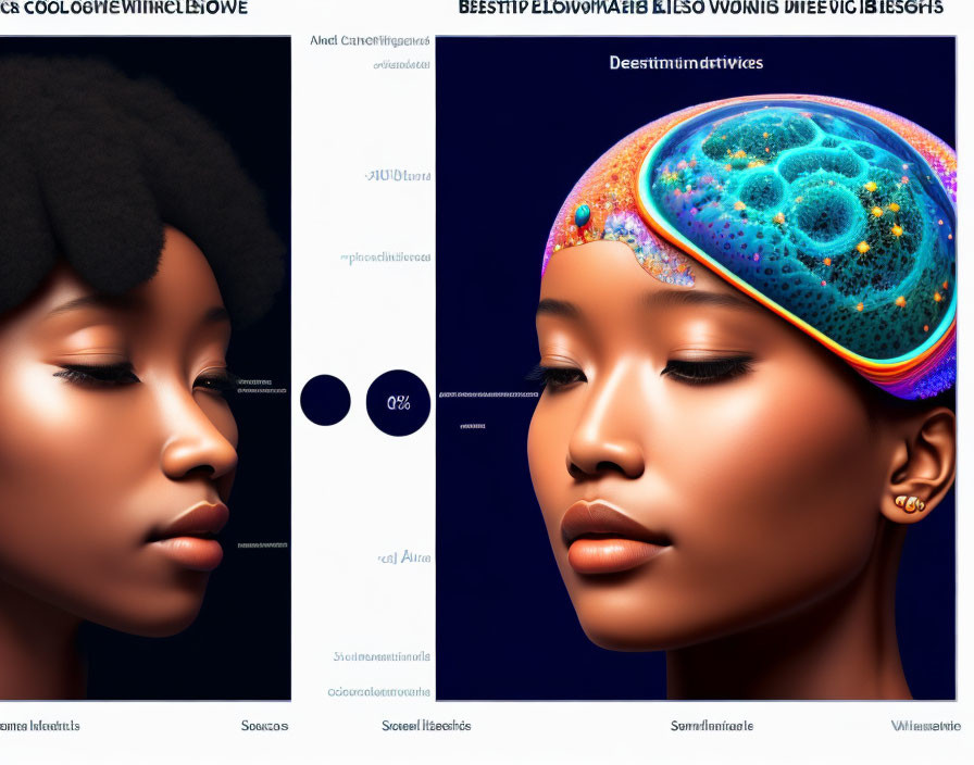 Two female profiles depicted in monochrome and vibrant cosmic patterns.