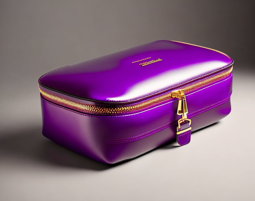 Purple Cosmetic Bag with Gold Zipper on Grey Background