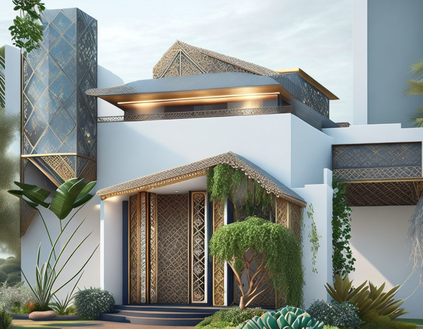 Modern House with Traditional Design: Ornate Doors, Geometric Patterns, Greenery, Warm Lighting