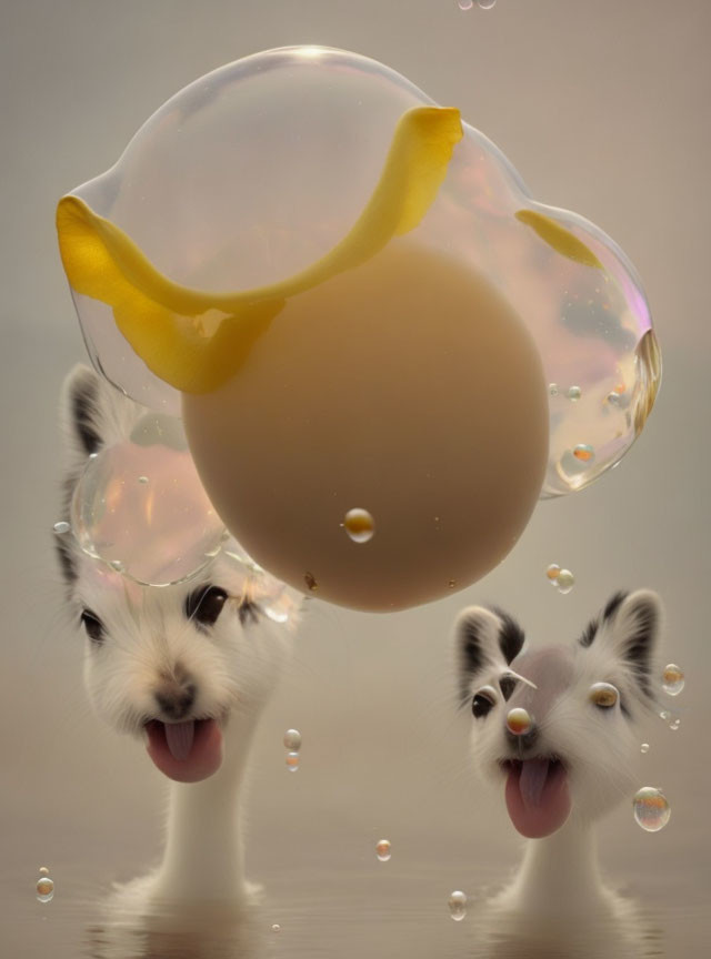 Two Kittens in Translucent Bubble with Lemon Twist and Smaller Bubbles