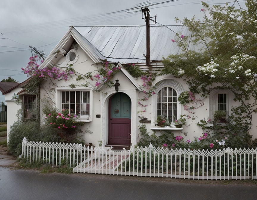 White Cottage with Purple Door and Flowers on Overcast Day