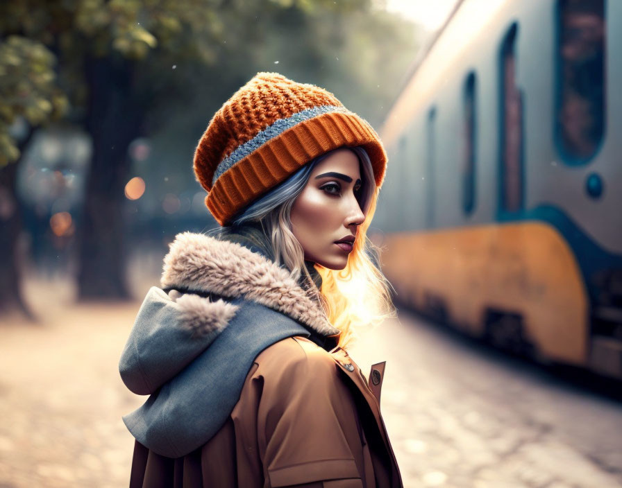 Fashionable woman in coat and hat by misty train, autumnal setting