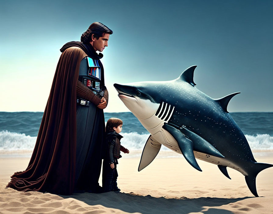 Man and child with sci-fi character vibes next to space-patterned shark on beach.