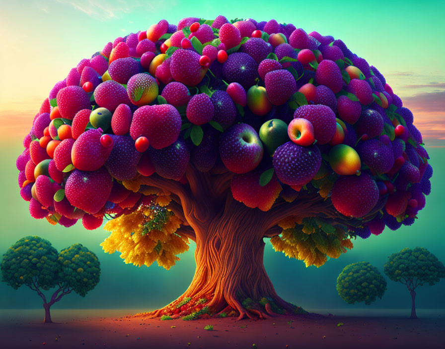 Colorful surreal tree illustration with mixed fruit canopy under twilight sky