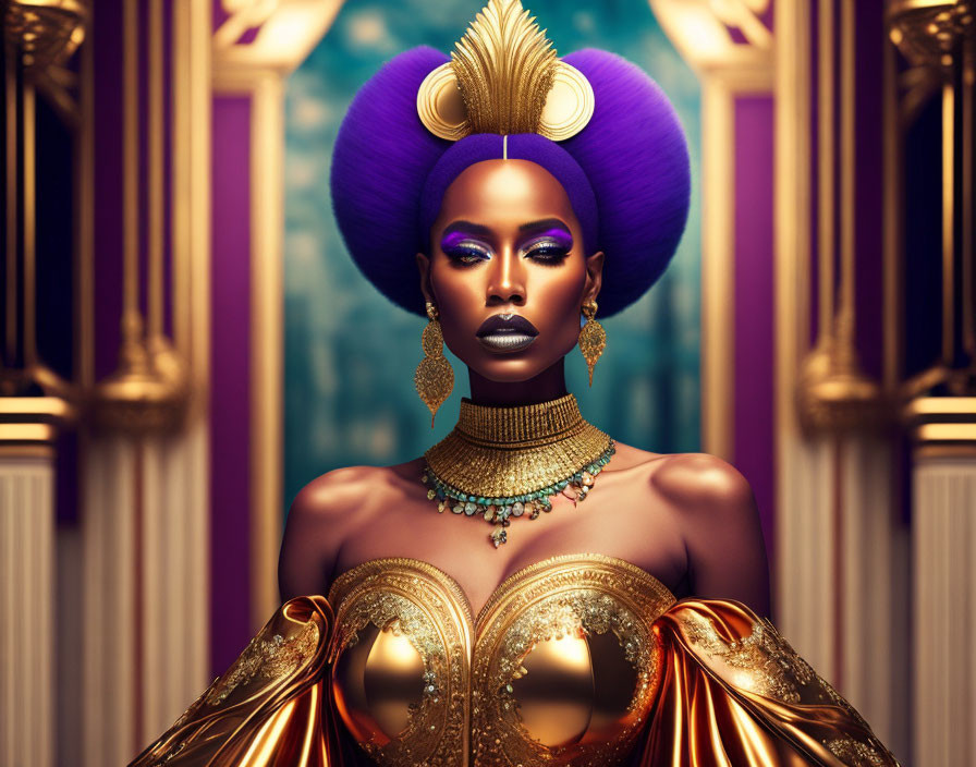 Regal woman with purple hair in golden attire.