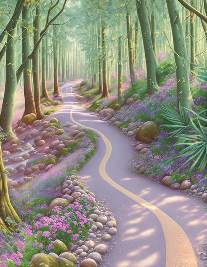 Sunlit Forest Path with Pink Flowers and Smooth Stones