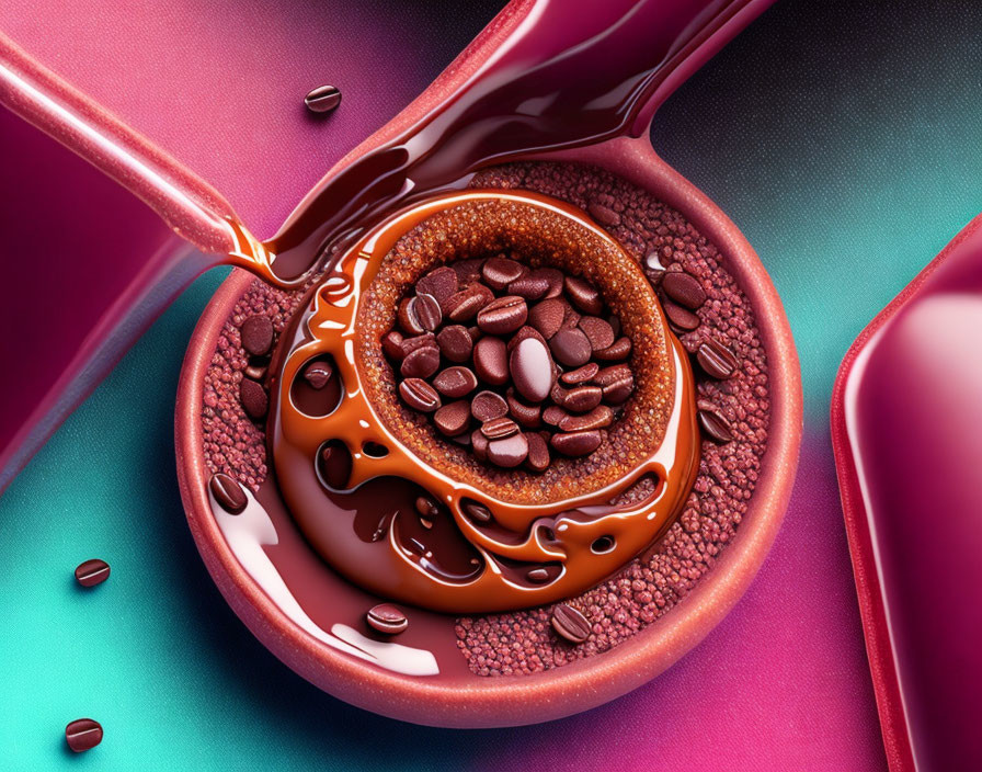 Chocolate pouring into coffee beans on pink and turquoise backdrop