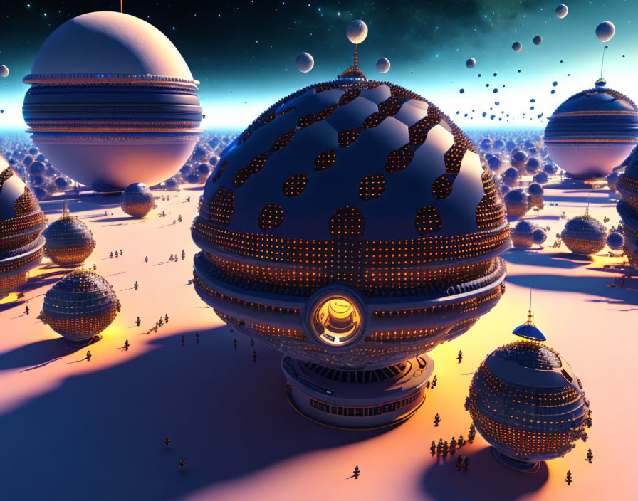 Alien landscape with illuminated spheres in twilight desert