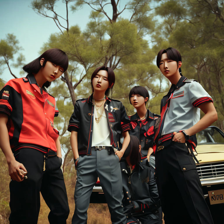 Stylized individuals in red and black outfits with vintage car in wooded area