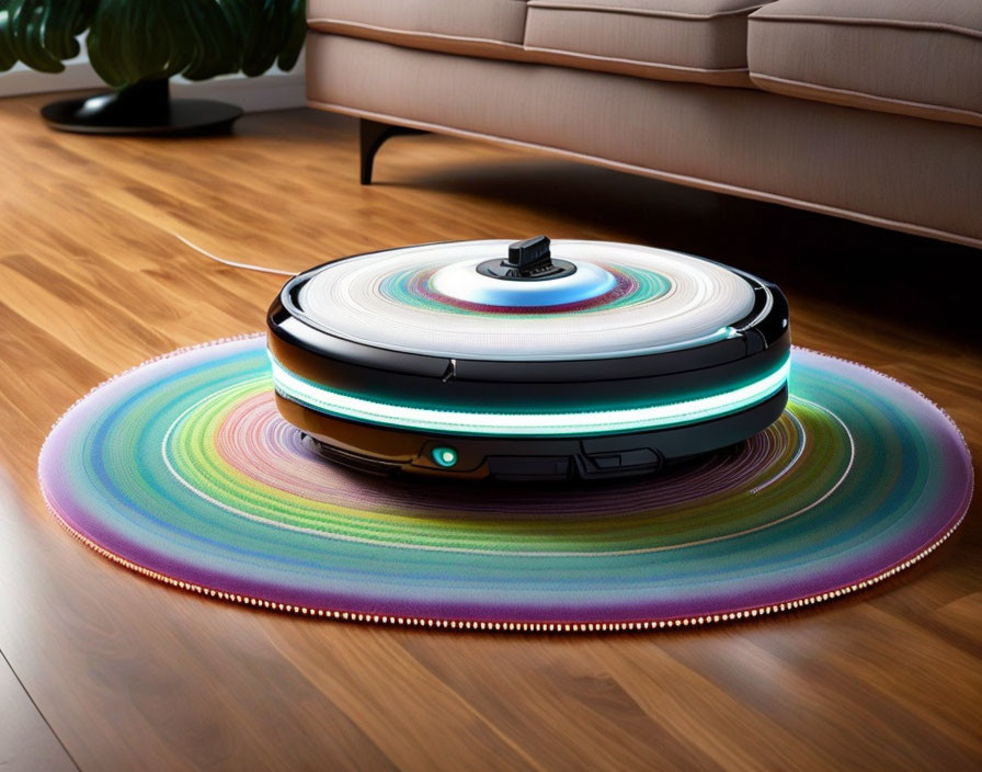 Robotic Vacuum Cleaner Leaves Colorful Light Trails on Wooden Floor