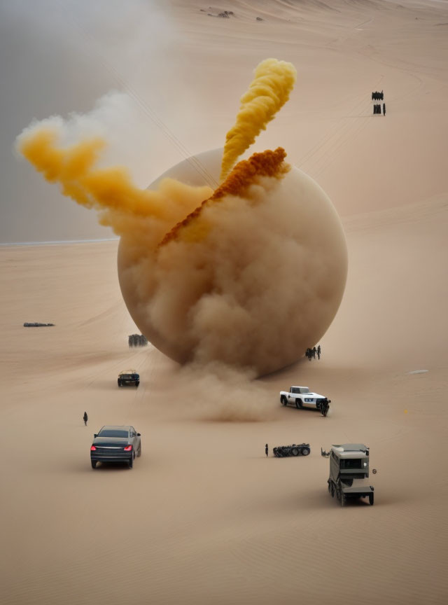 Vehicles in desert witness massive sphere explosion