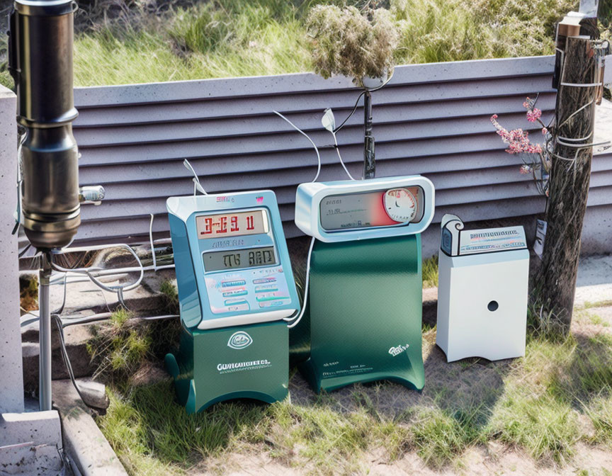 Weather monitoring equipment with digital displays and probes on grass near metal pole and fence.