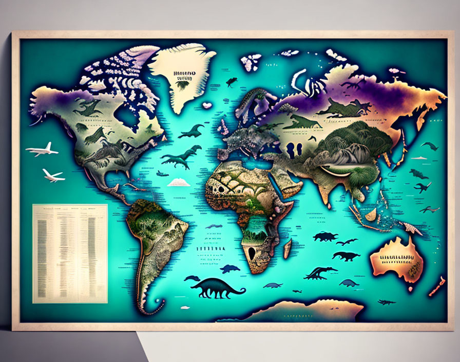 Whimsical world map with illustrated animals in frame