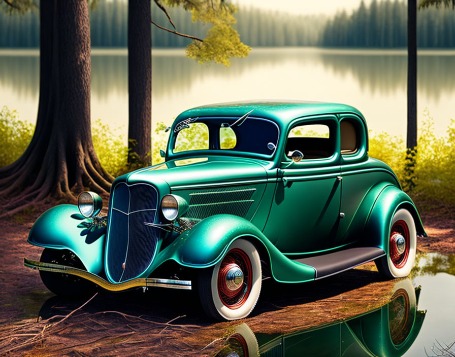 Vintage green car with white-wall tires parked by serene lake in forest setting.