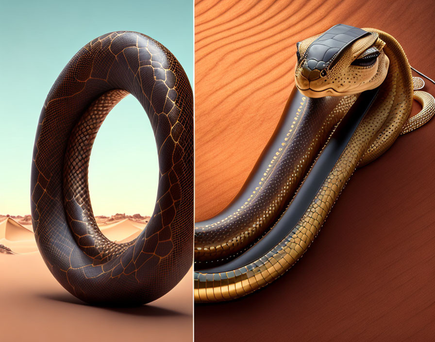 Digital artwork: Snake coiled in circle and detailed scales against desert background