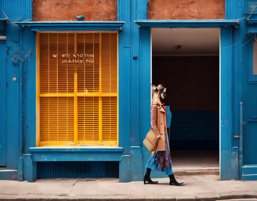 Woman in face mask walks by blue and yellow storefront in urban alleyway