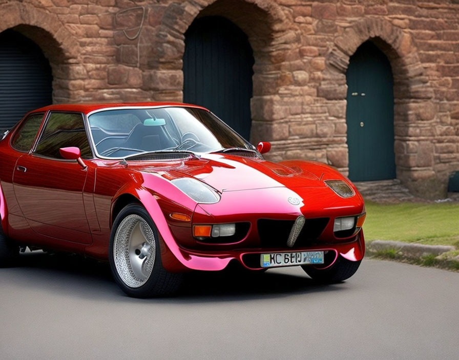 Vintage Red Sports Car Parked in Front of Stone Wall with Arched Doorways