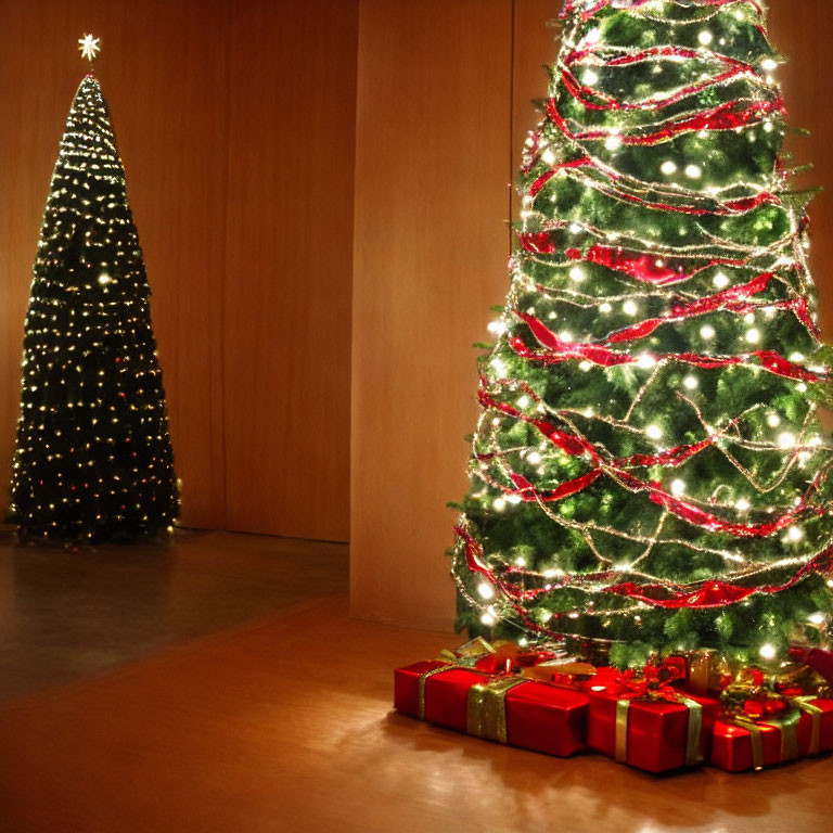 Festive Christmas scene with decorated trees and gifts