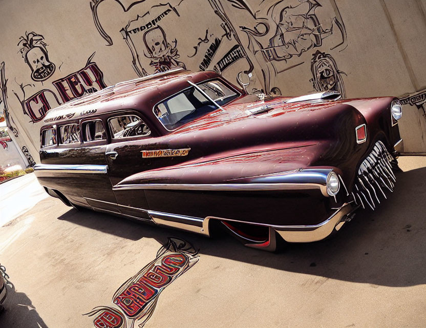 Vintage Customized Car with Maroon Paint Job and Graffiti Wall Art