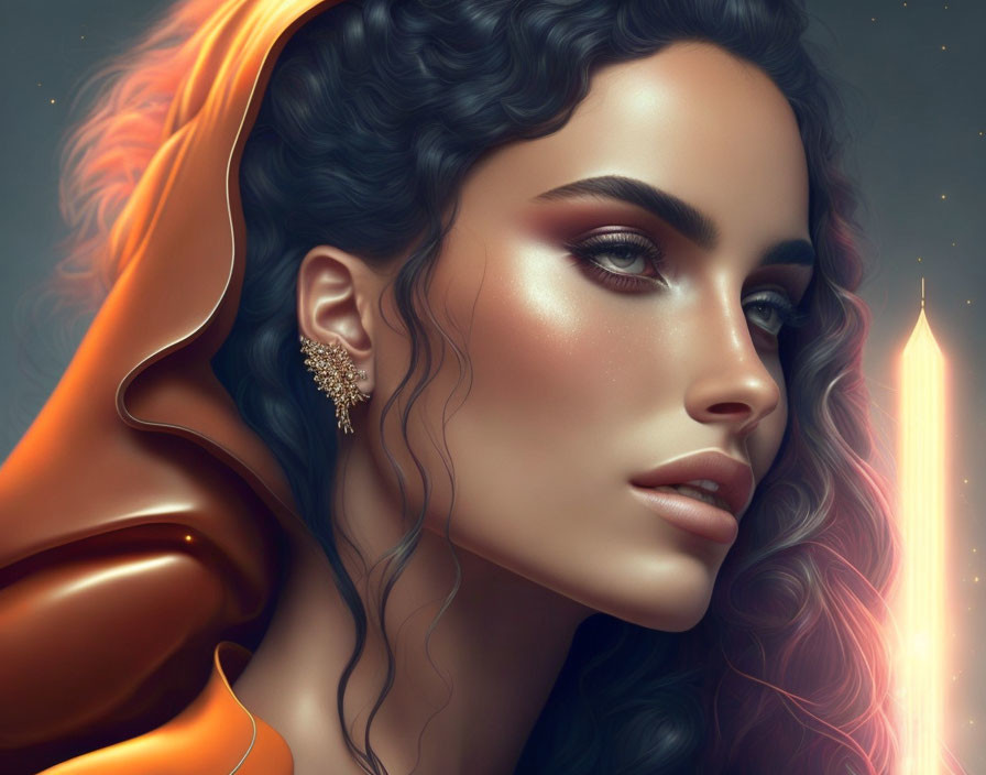 Curly-haired woman with glowing skin and earring in luminous digital art