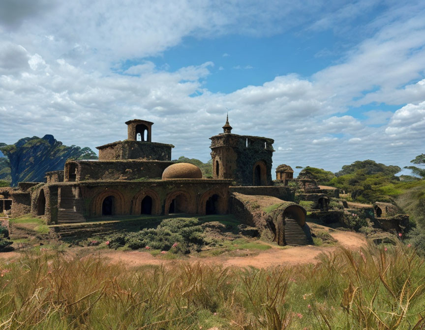 Ancient rock-hewn church in Ethiopia under blue sky and rugged terrain.