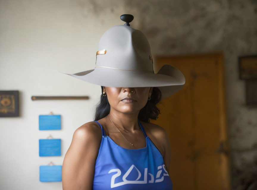 Person in large gray hat indoors with spherical object on top, plaques on wall