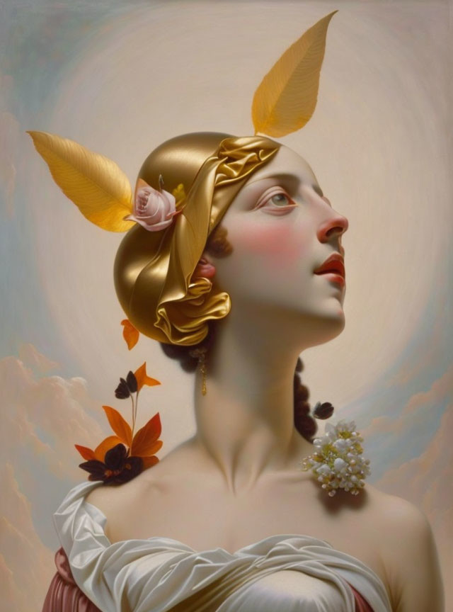 Surrealist portrait of woman with golden headwear and feather-like details