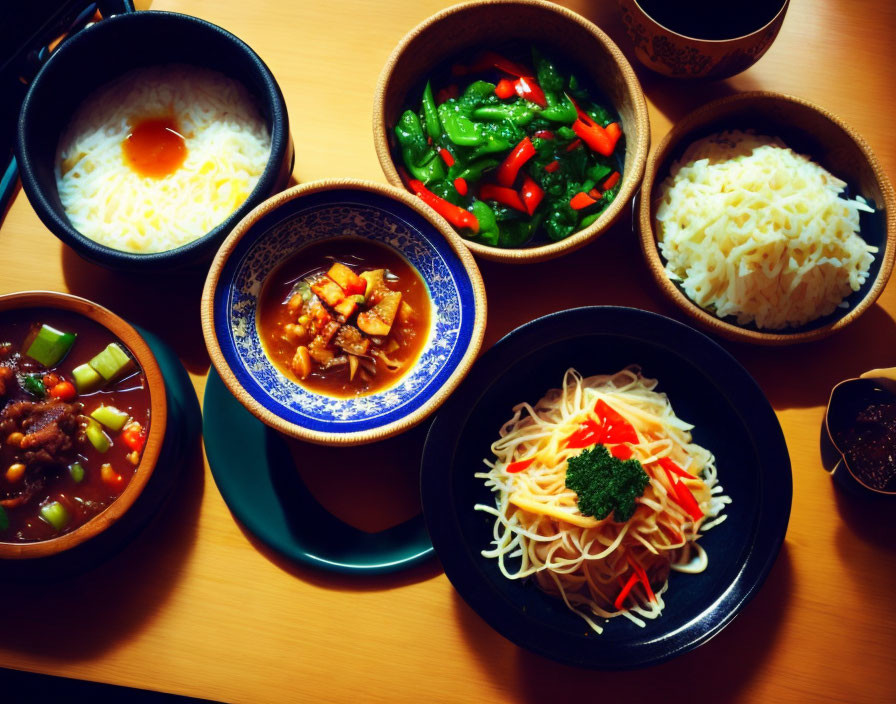 Vibrant Chinese food spread with noodles, rice, and stir-fried veggies