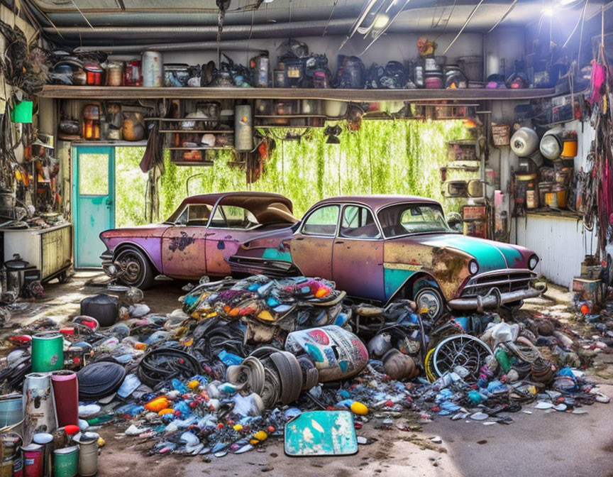 Vintage Cars in Cluttered Garage with Tools and Greenery