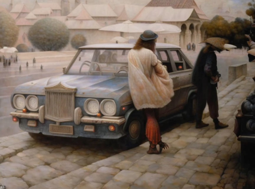 Vintage-style painting: Person in long coat and hat by old car, man in top hat in quaint