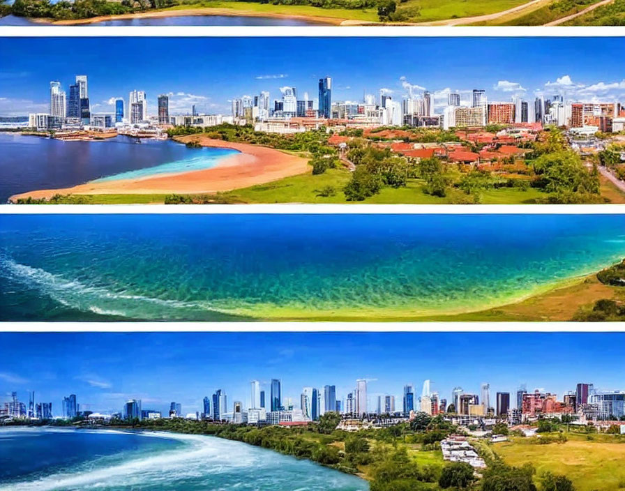 Panoramic coastal city skyline views with blue skies, greenery, and ocean.