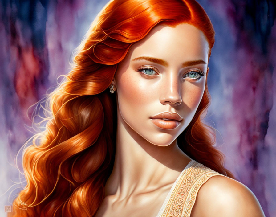 Digital artwork of a woman with red hair, pale skin, and blue eyes