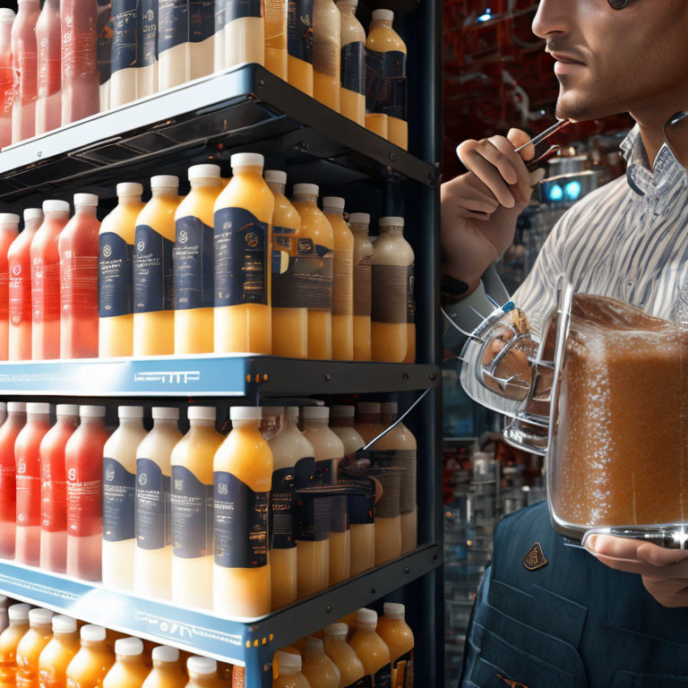 Man in Striped Shirt Examines Fresh Juice Sample Among Colorful Bottles