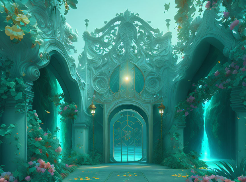 Intricate mystical gate in lush forest setting