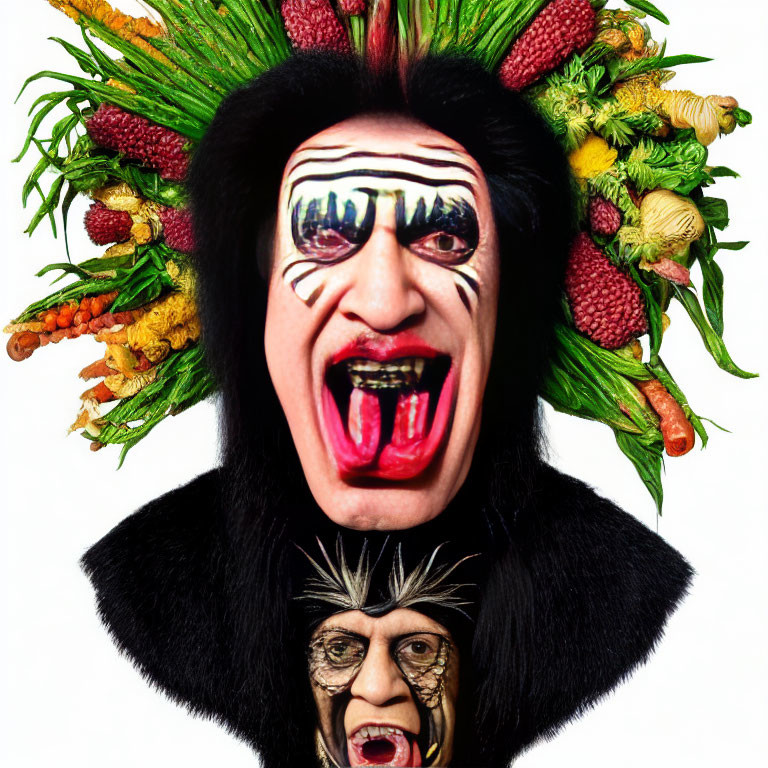 Person with black and white face paint and fruit headdress portrait.