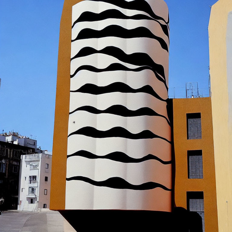 Unique Wavy Black and White Building Facade Against Blue Sky