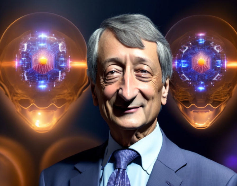 Man in suit with holographic AI brains in dark background