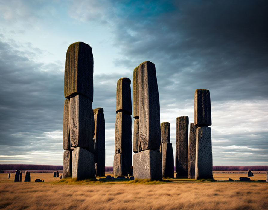 Weathered stone monoliths under dramatic sky in grassy field symbolize ancient mystery