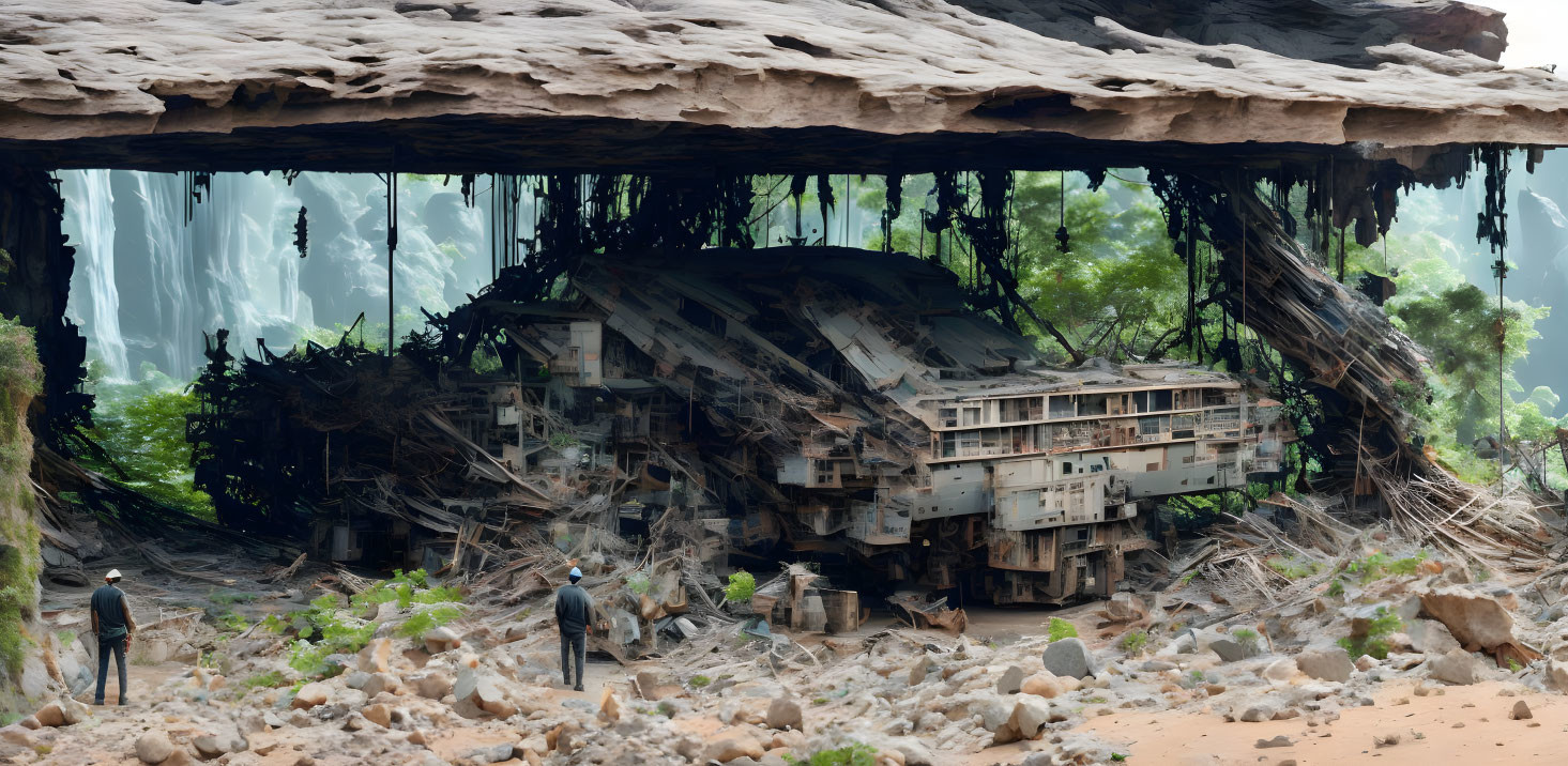 Abandoned structure in misty overgrown setting