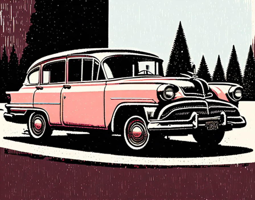 Vintage Pink and White Car with Stylized Pine Trees in Retro Comic Book Style