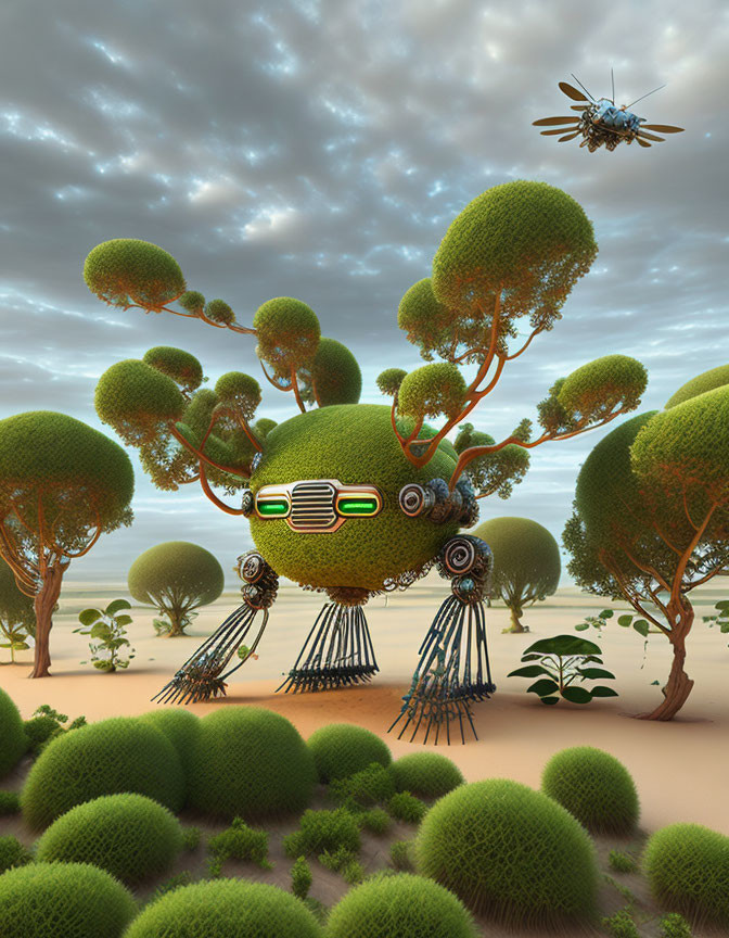 Surreal landscape with levitating organic and mechanical structures over lush green desert.