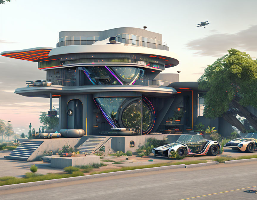 Sleek futuristic building with glass panels and neon lights surrounded by modern vehicles