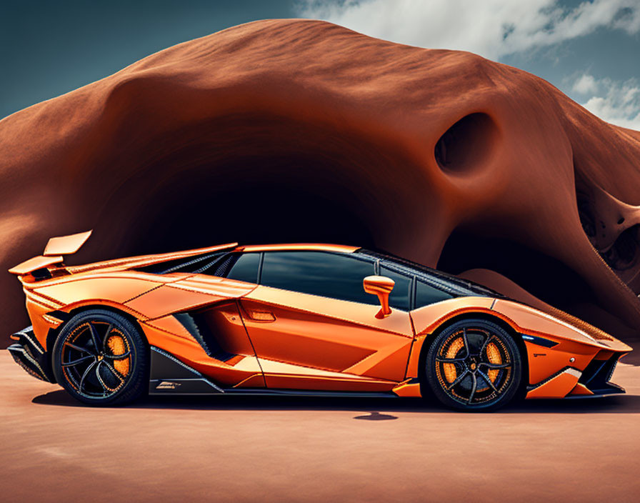 Orange Sports Car Parked Next to Large Skull Structure under Blue Sky