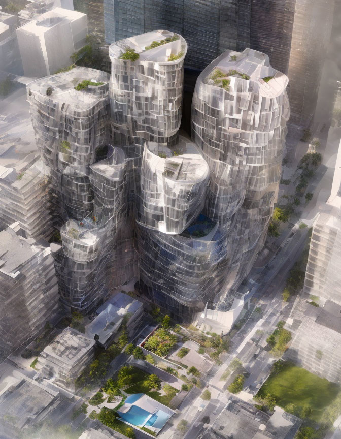 Futuristic high-rise buildings with irregular facades in urban cityscape