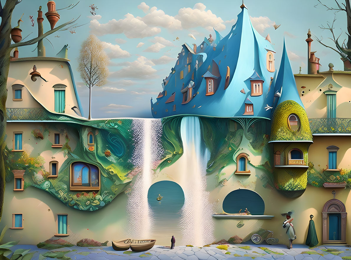 Fantasy landscape with anthropomorphic buildings near waterfall